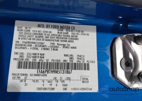 2021 Ford Mustang Ecoboost Fastback z USA, uszkodzony, nr VIN 1FA6P8TH9M5131867